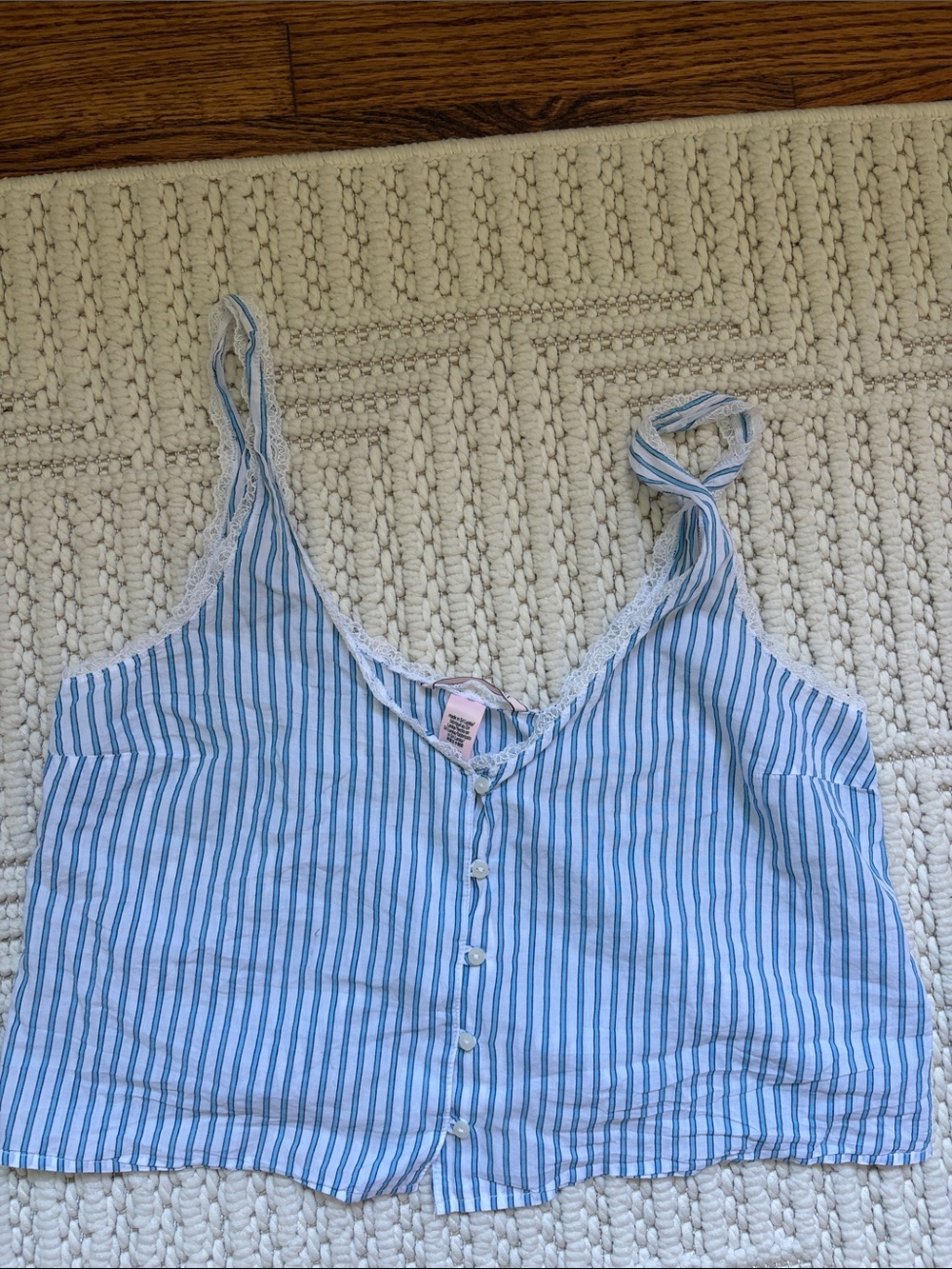 NWOT: Victoria’s Secret Blue and White Striped Lace-Trim Button Front Tank